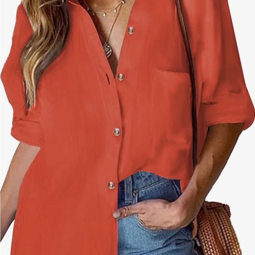 Women’s Oversized Orange 100% Cotton, Linen Long Sleeve Button Up Front Shirt.